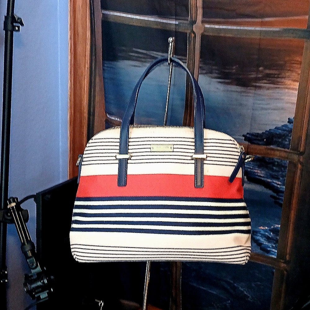 Authentic kate ♠️ spade striped in pink, white, red, navy handbag dome